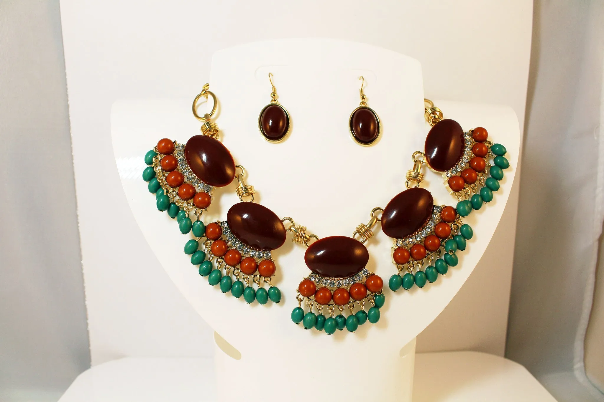 Beads and Rhinestone, Fringe Statement Necklace & Earrings Set