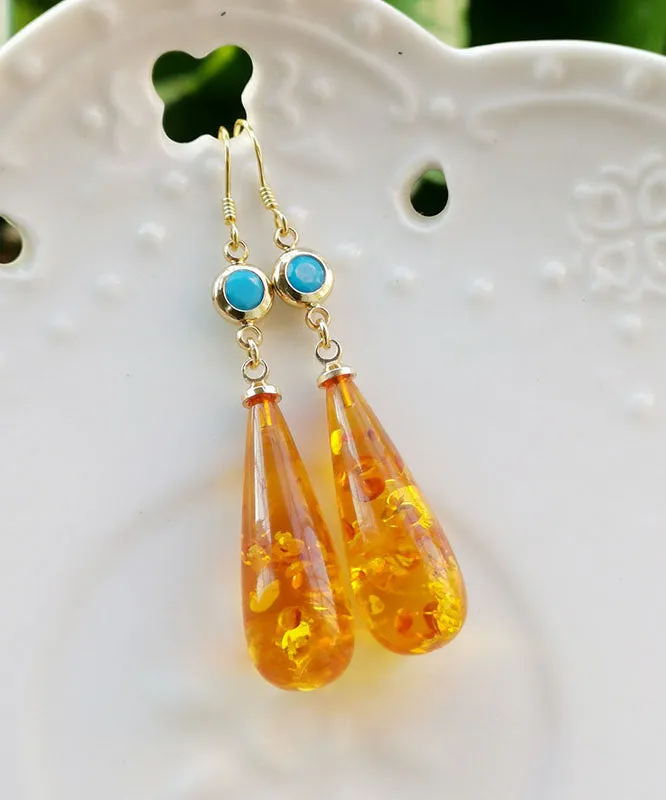 Beautiful Orange Amber Water Drop Drop Earrings AH377