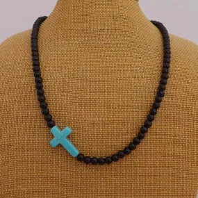 Blue Faux Turquoise Cross & Black Bead Necklace