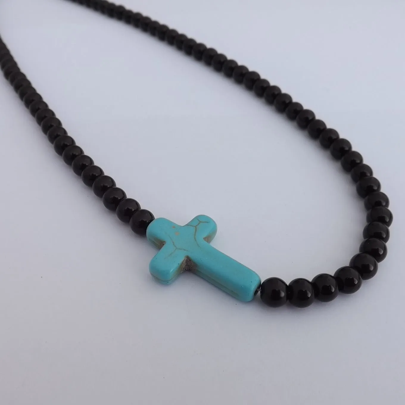 Blue Faux Turquoise Cross & Black Bead Necklace