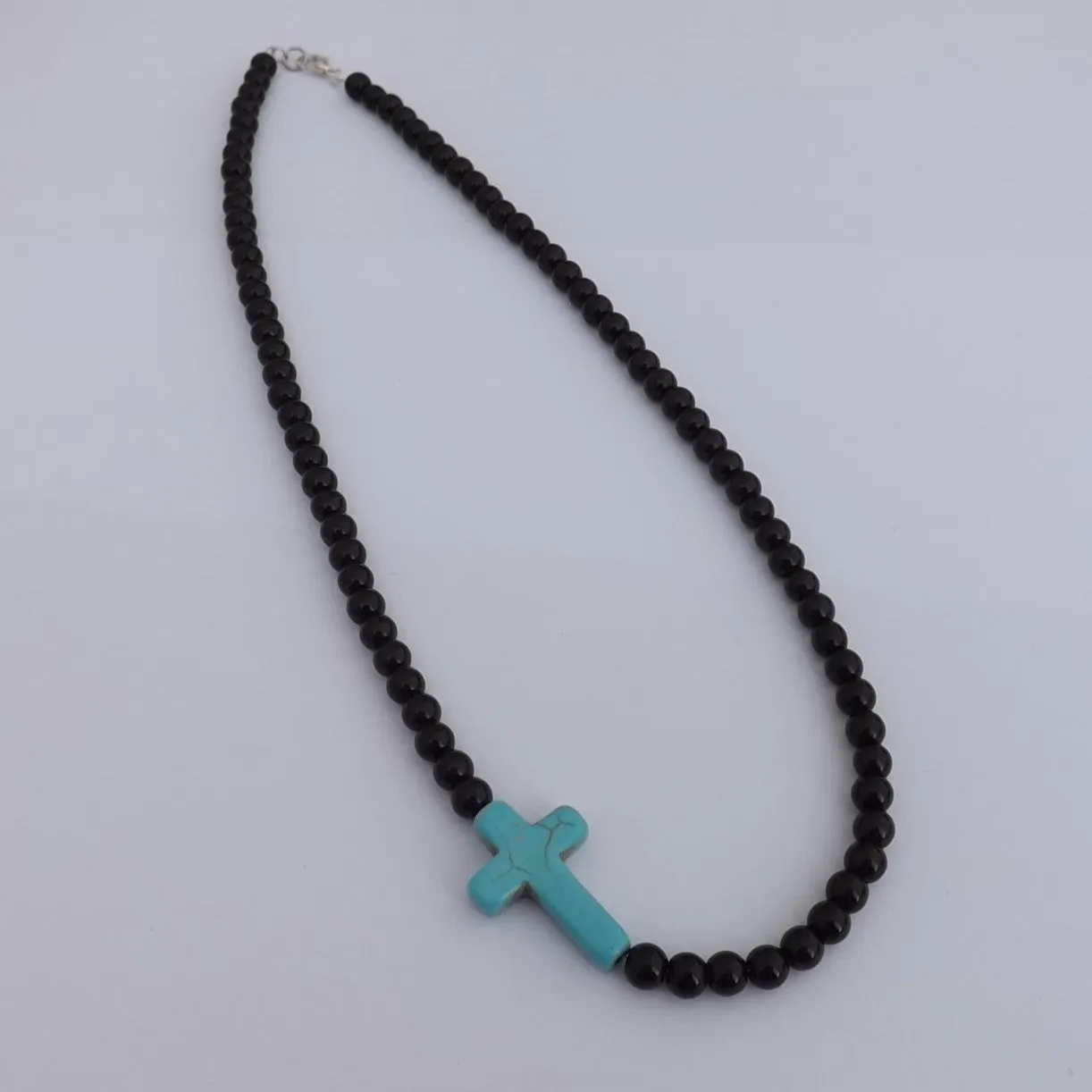 Blue Faux Turquoise Cross & Black Bead Necklace