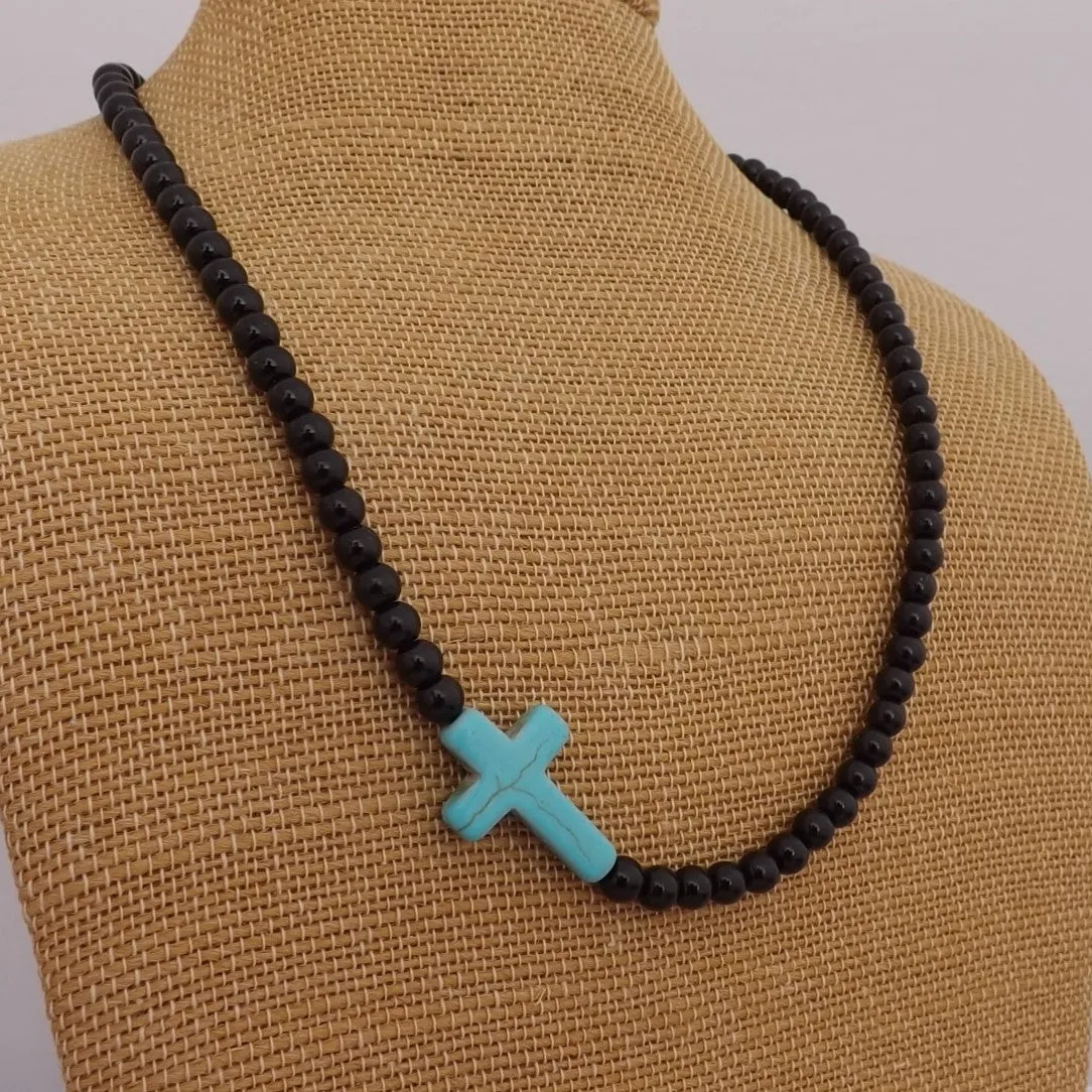 Blue Faux Turquoise Cross & Black Bead Necklace
