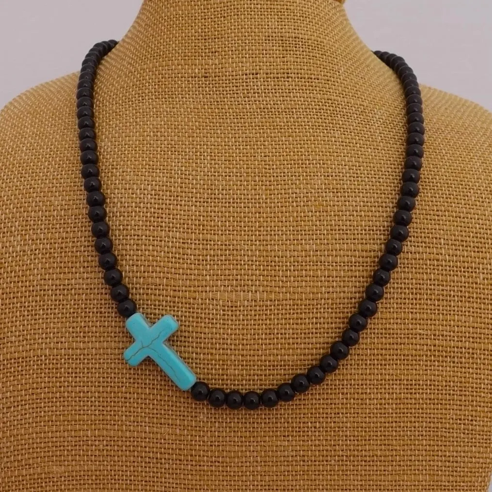 Blue Faux Turquoise Cross & Black Bead Necklace