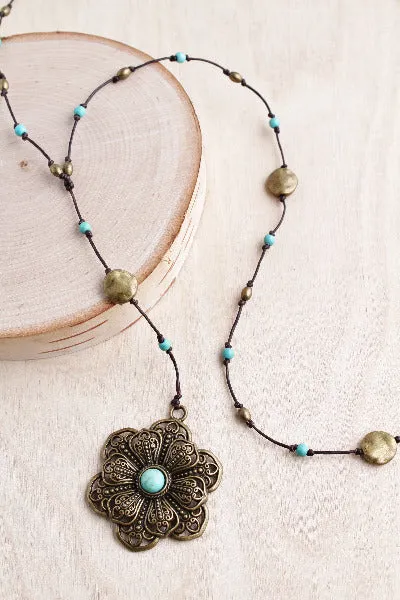 Bronze and Turquoise Flower Alloy Necklace