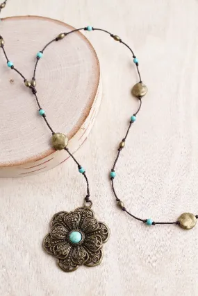 Bronze and Turquoise Flower Alloy Necklace