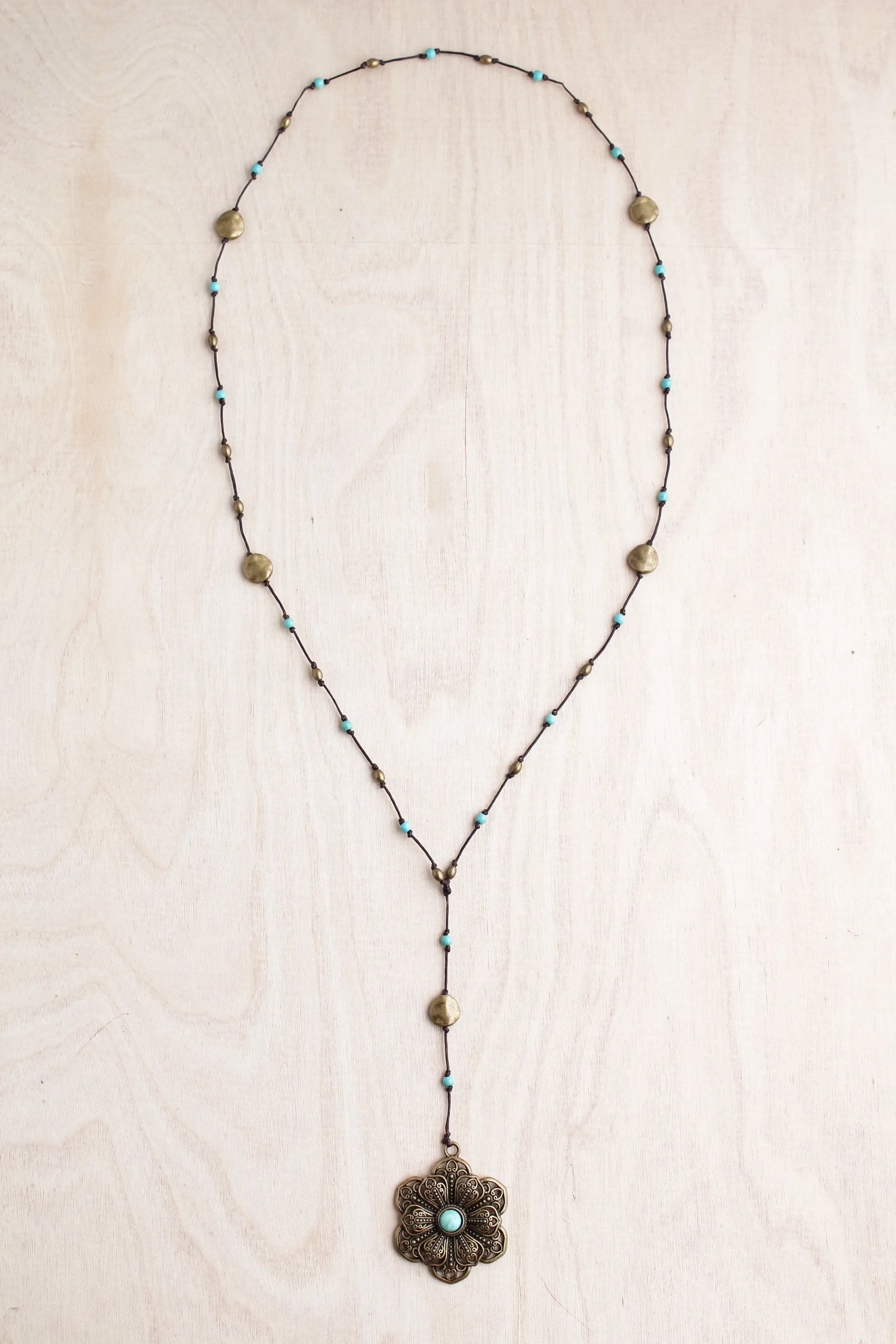 Bronze and Turquoise Flower Alloy Necklace