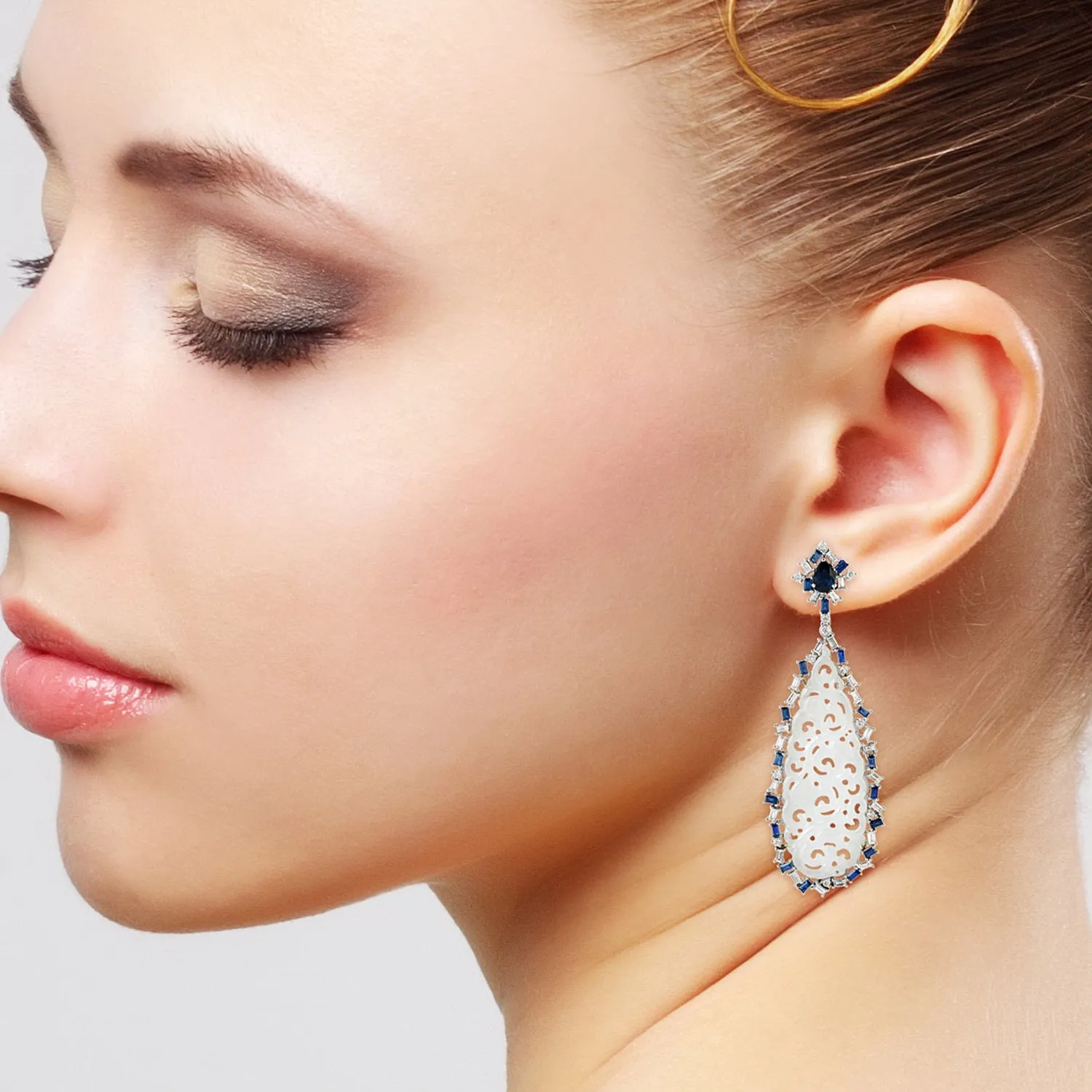 Carved Filigree Jade Baguette Blue Sapphire & Diamond Danglers in White Gold