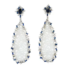 Carved Filigree Jade Baguette Blue Sapphire & Diamond Danglers in White Gold