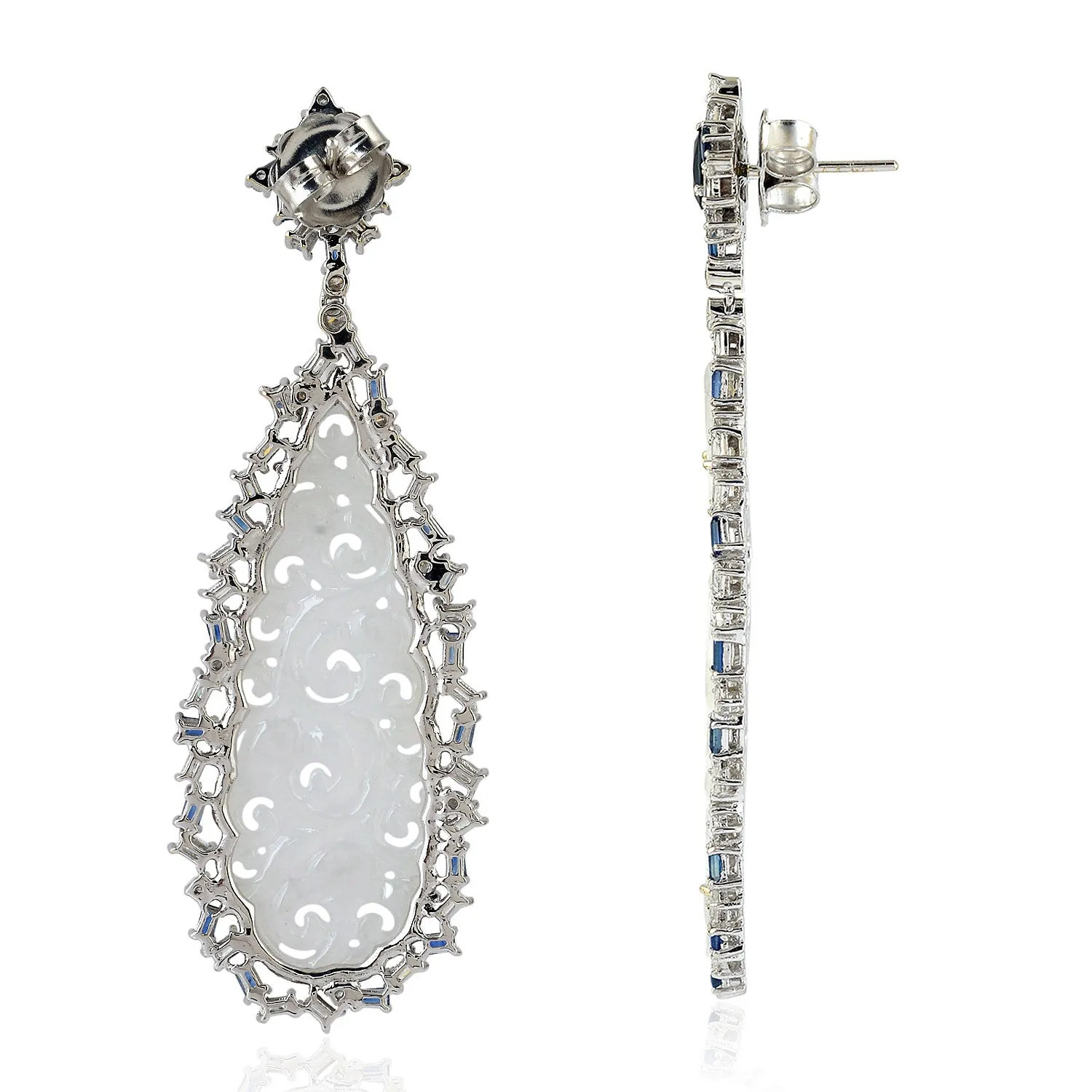 Carved Filigree Jade Baguette Blue Sapphire & Diamond Danglers in White Gold