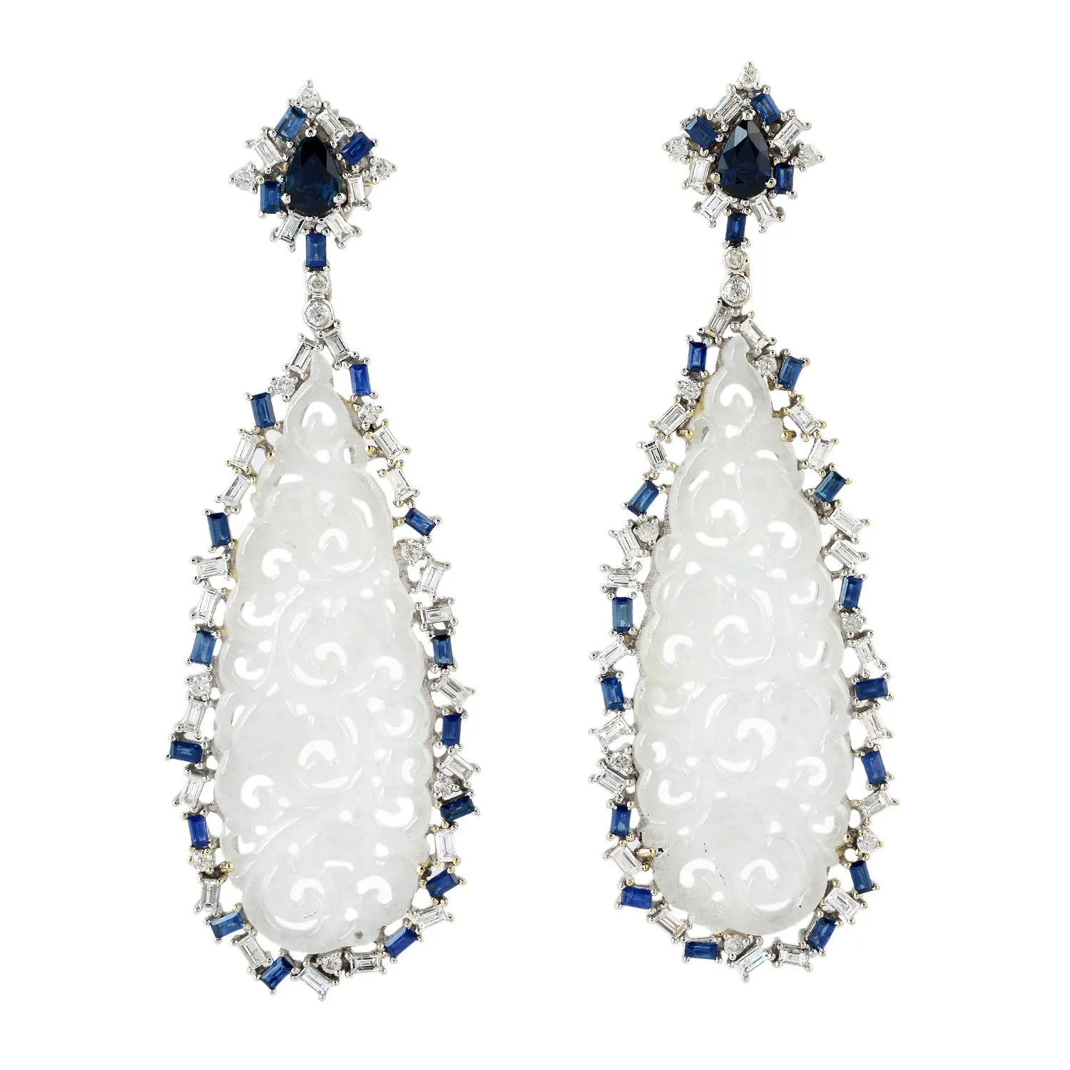 Carved Filigree Jade Baguette Blue Sapphire & Diamond Danglers in White Gold