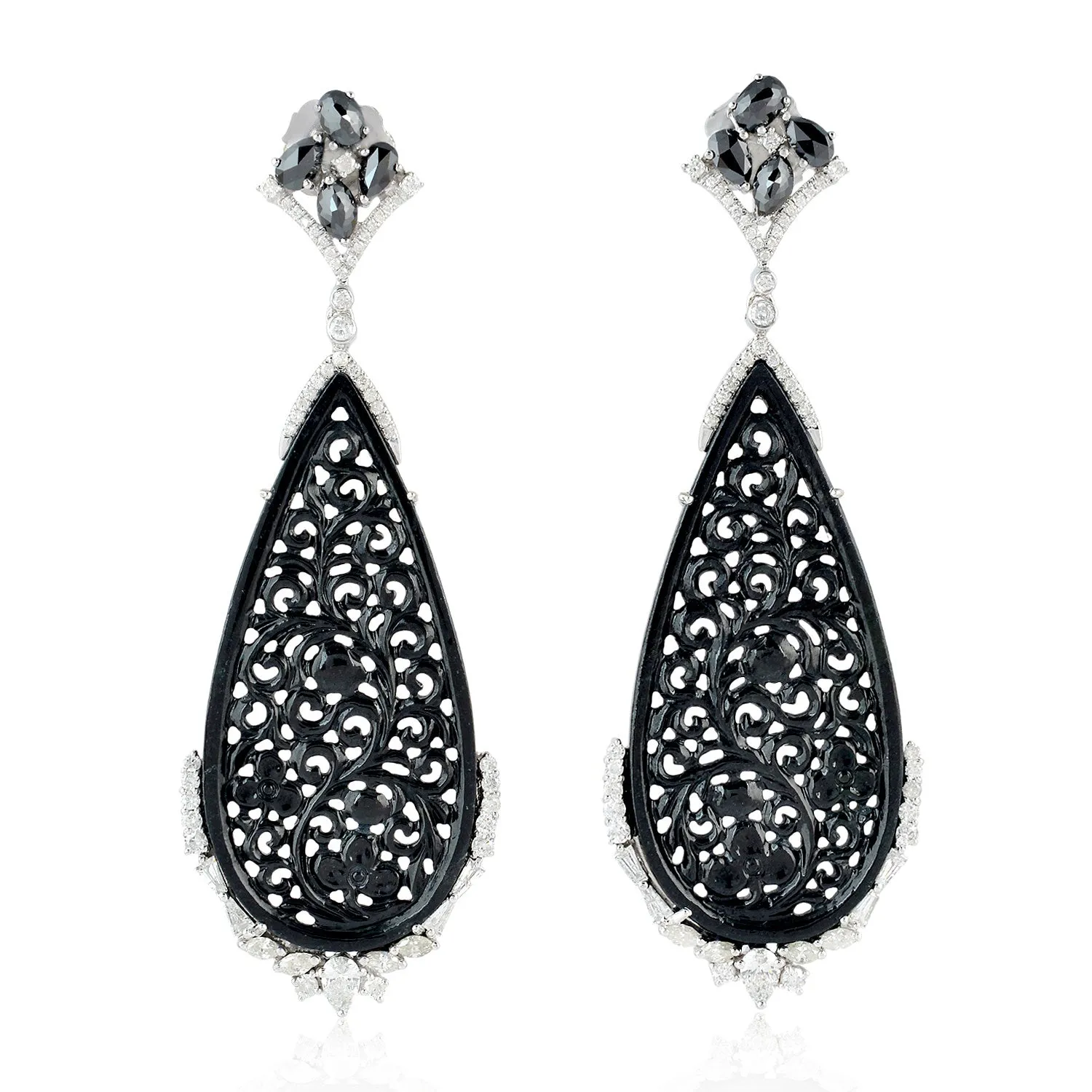 Carved Jade Pave Diamond Filigree Wedding Drop Dangler In 18k White Gold