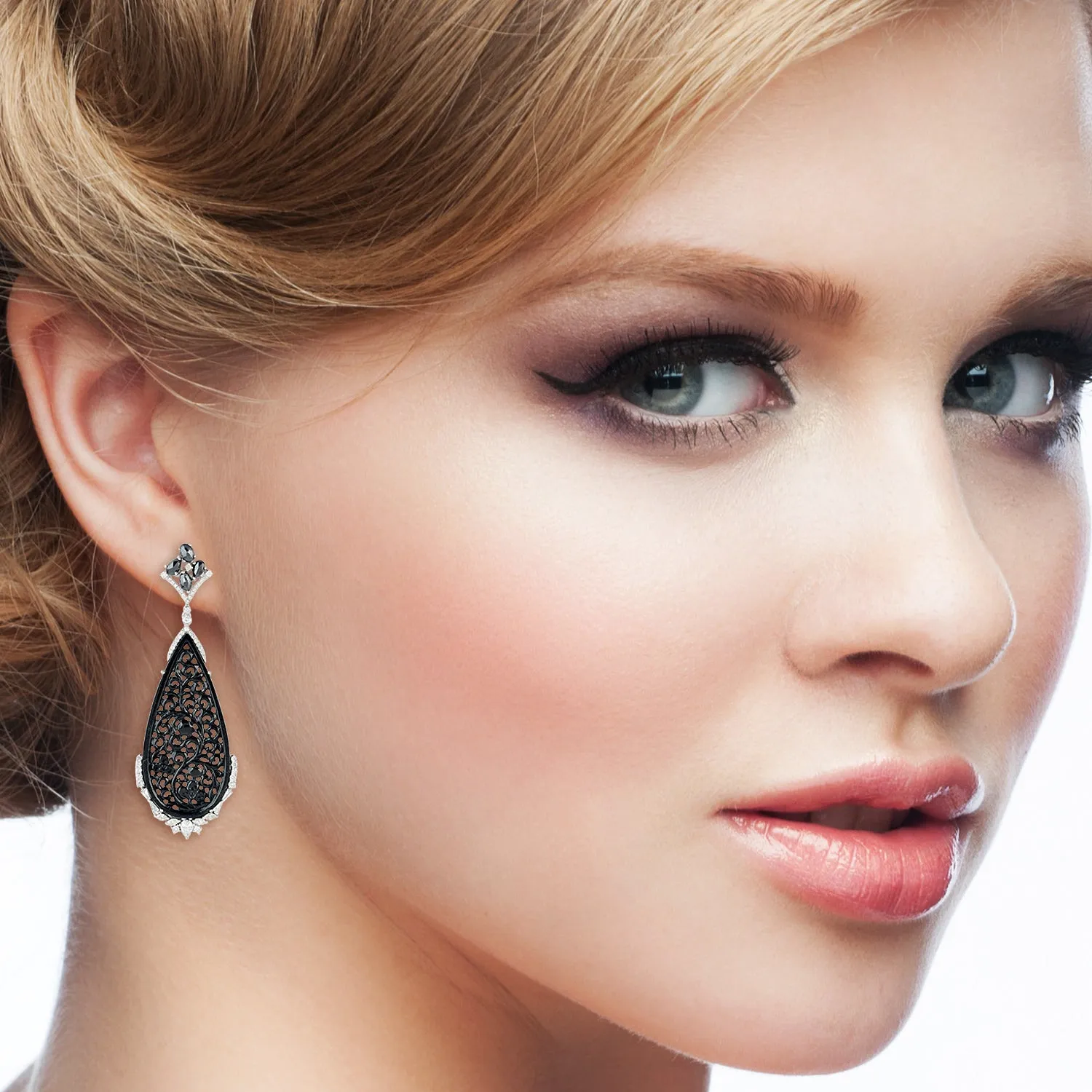 Carved Jade Pave Diamond Filigree Wedding Drop Dangler In 18k White Gold