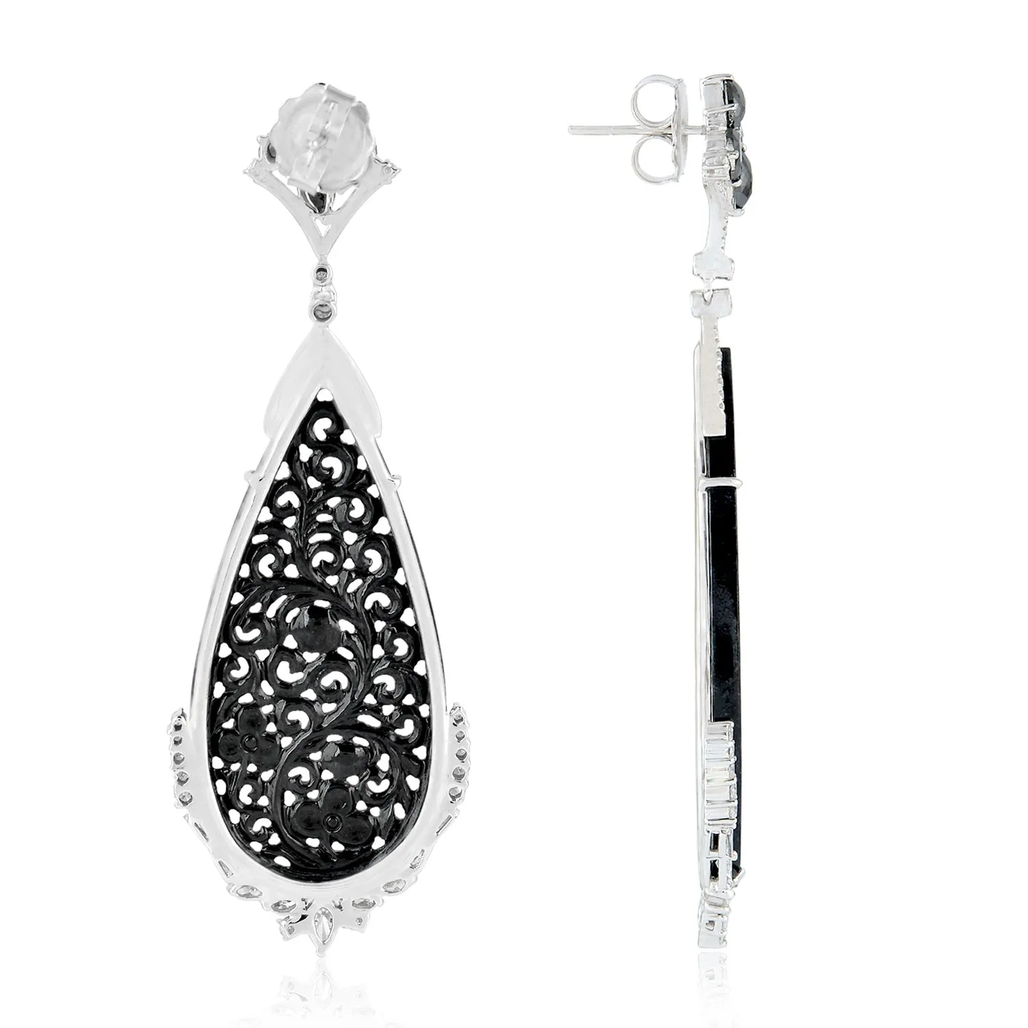 Carved Jade Pave Diamond Filigree Wedding Drop Dangler In 18k White Gold