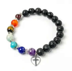 Chakra Gemstone & Lava Bead Bracelet with Sterling Silver Cross, Stretch