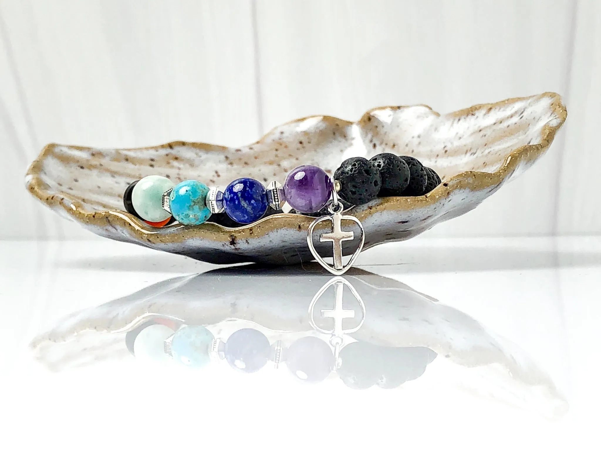 Chakra Gemstone & Lava Bead Bracelet with Sterling Silver Cross, Stretch