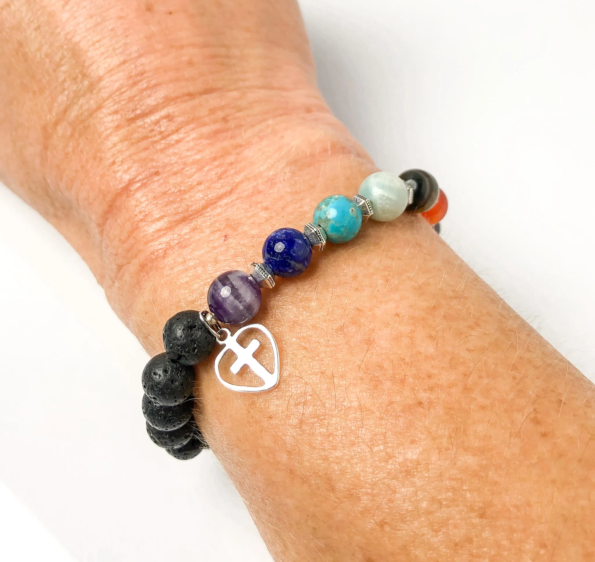 Chakra Gemstone & Lava Bead Bracelet with Sterling Silver Cross, Stretch