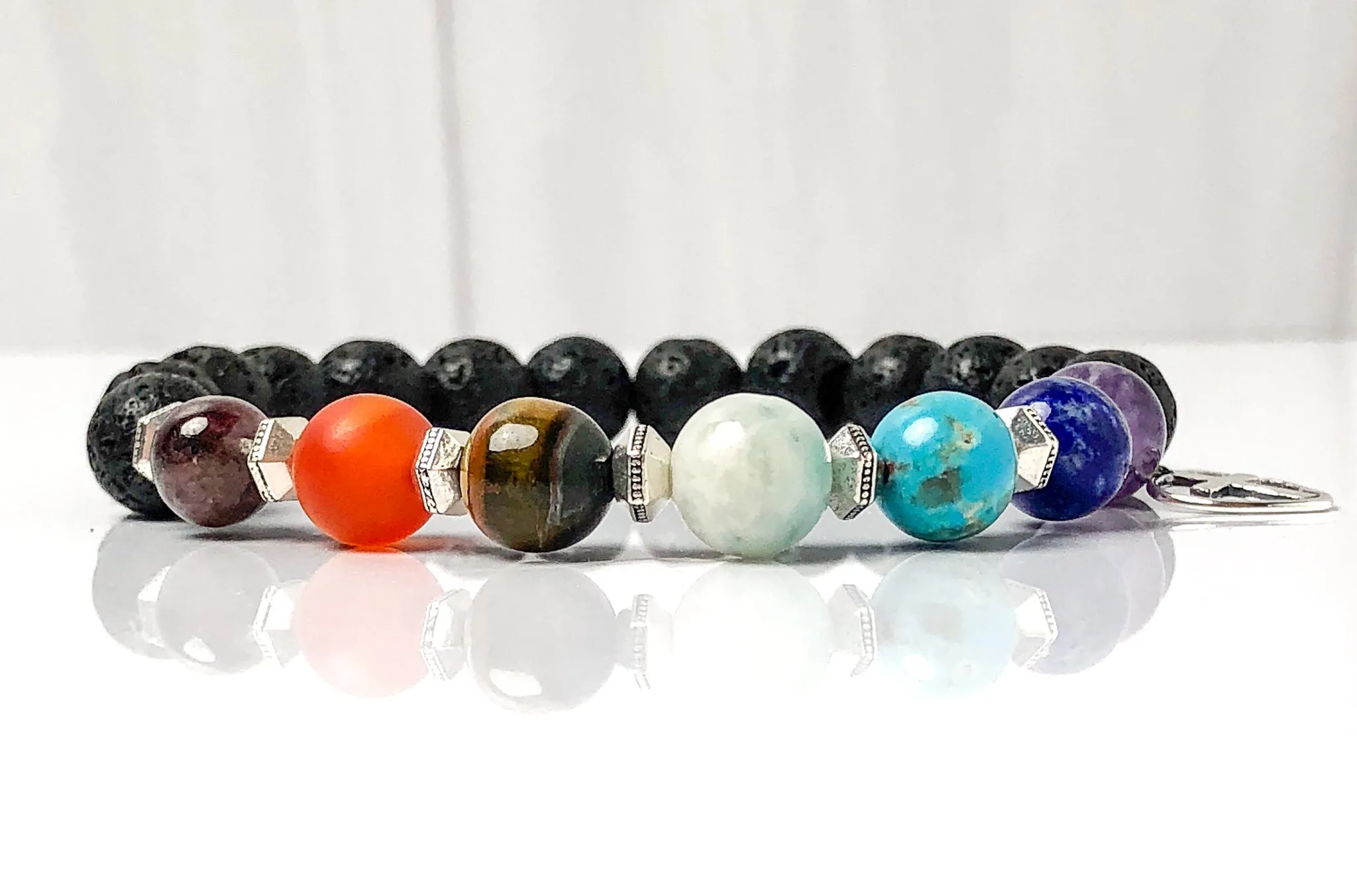 Chakra Gemstone & Lava Bead Bracelet with Sterling Silver Cross, Stretch