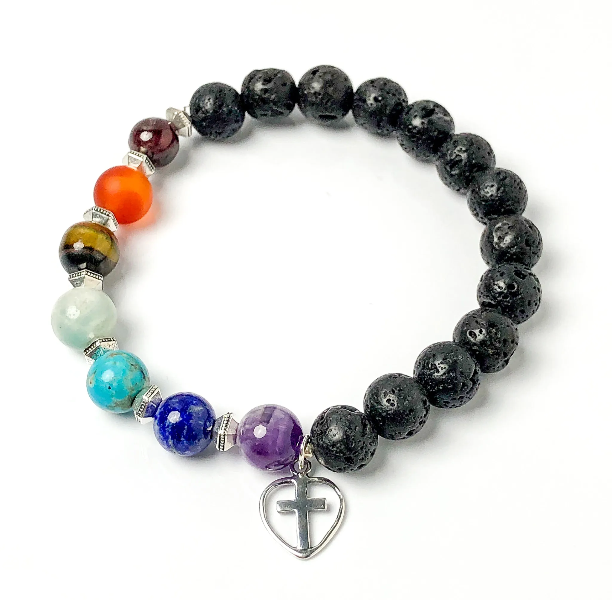 Chakra Gemstone & Lava Bead Bracelet with Sterling Silver Cross, Stretch