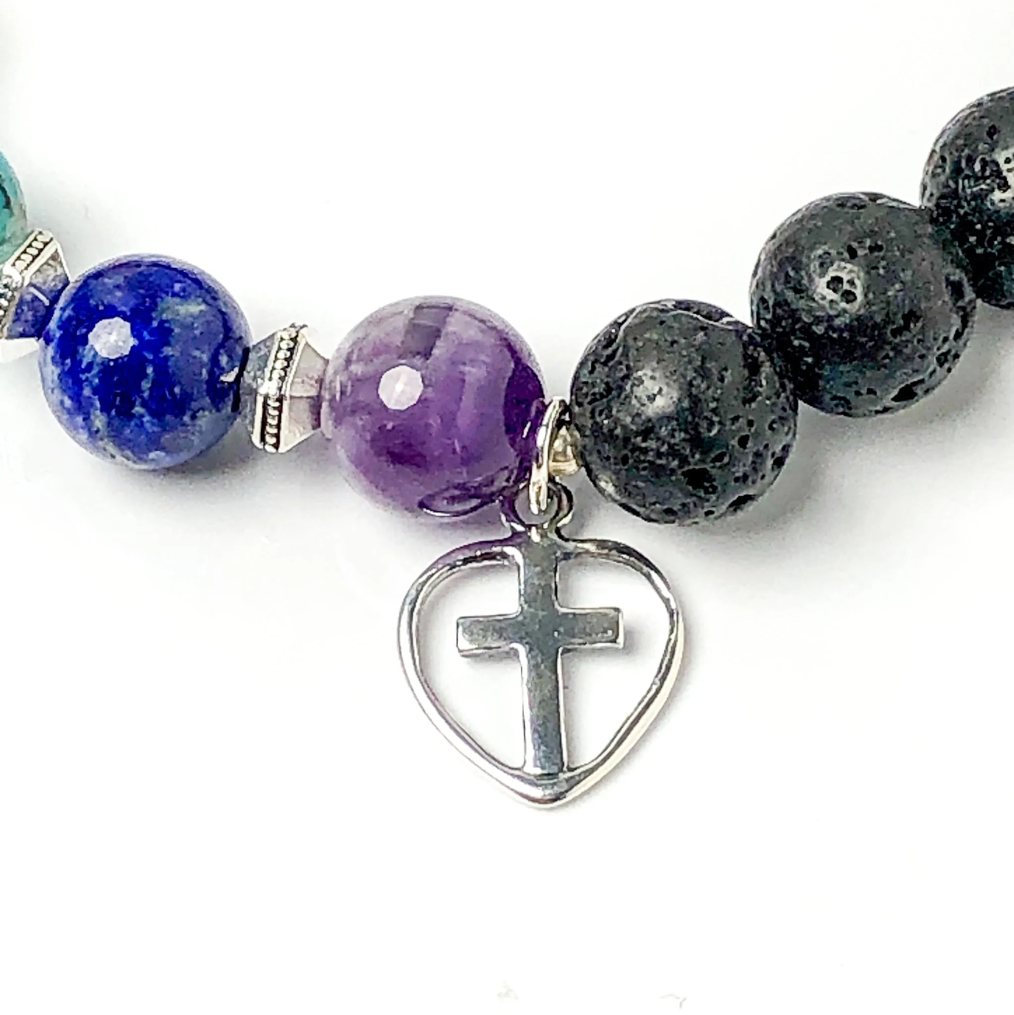 Chakra Gemstone & Lava Bead Bracelet with Sterling Silver Cross, Stretch