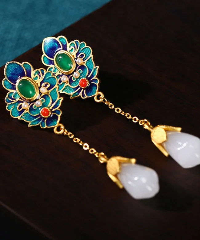 Chic Blue Jade Enamel Agate Orchid Drop Earrings LY2306