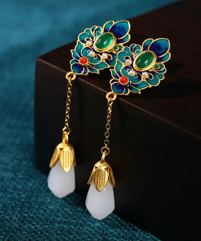 Chic Blue Jade Enamel Agate Orchid Drop Earrings LY2306