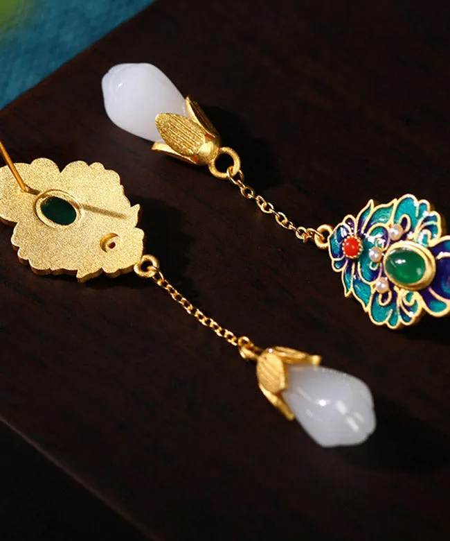 Chic Blue Jade Enamel Agate Orchid Drop Earrings LY2306
