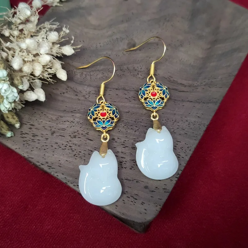 Chinese Style Fox Chalcedony With Ancient Style Earrings