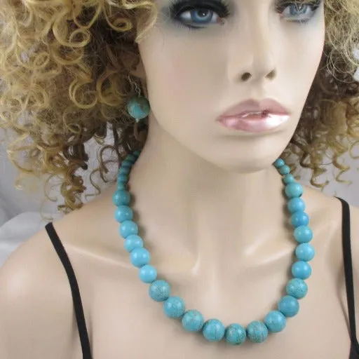 Classic Magnesite  Dyed Turquoise Necklace Extra long & Earrings