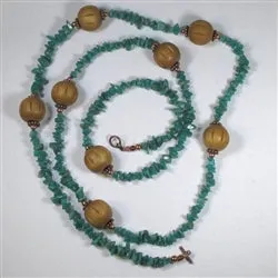 Copper Wood and Turquoise Long Bead Necklace