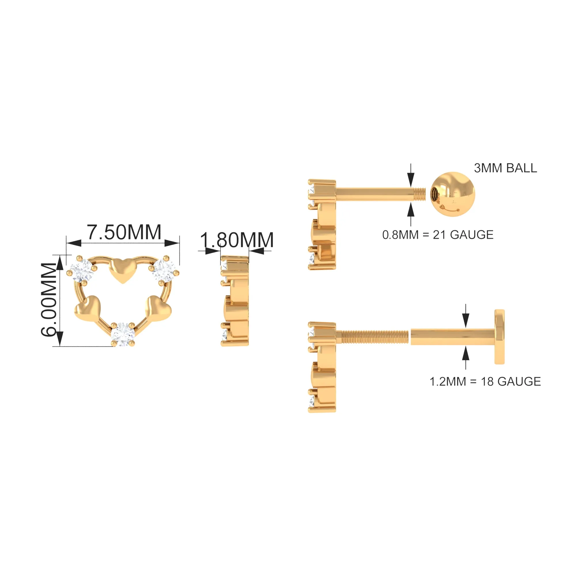 Cute Diamond Heart Cartilage Earring in Gold
