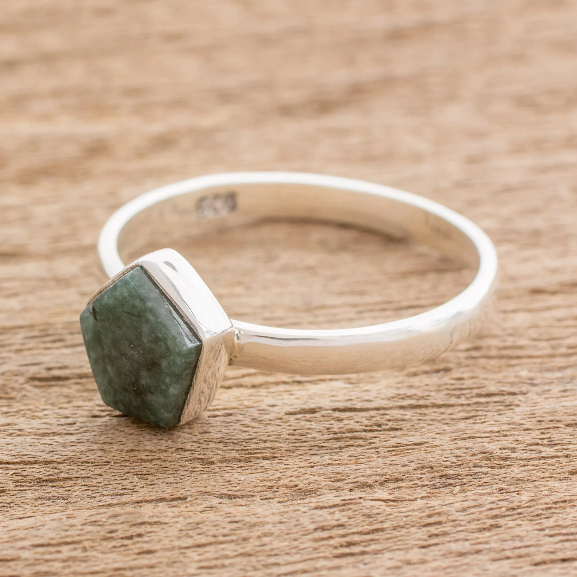 Dark Green Jade Pentagon and Sterling Silver Cocktail Ring - Striking in Dark Green | NOVICA