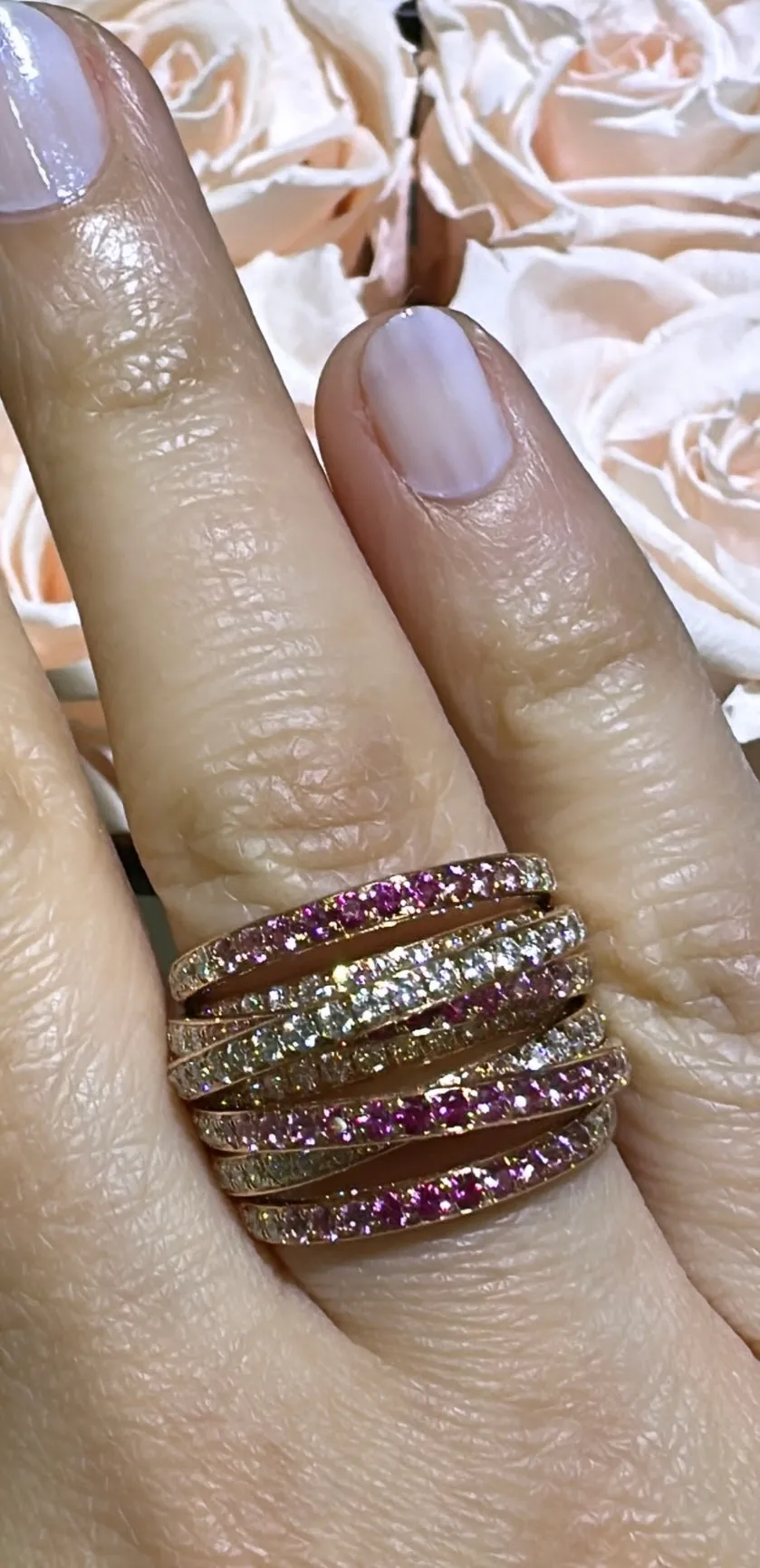 Dazzling 3.08ct tw Diamond & Pink Sapphire Overlap Cocktail Right Hand  Ring