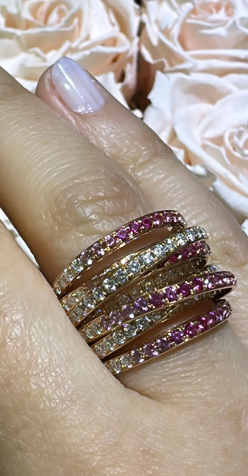 Dazzling 3.08ct tw Diamond & Pink Sapphire Overlap Cocktail Right Hand  Ring