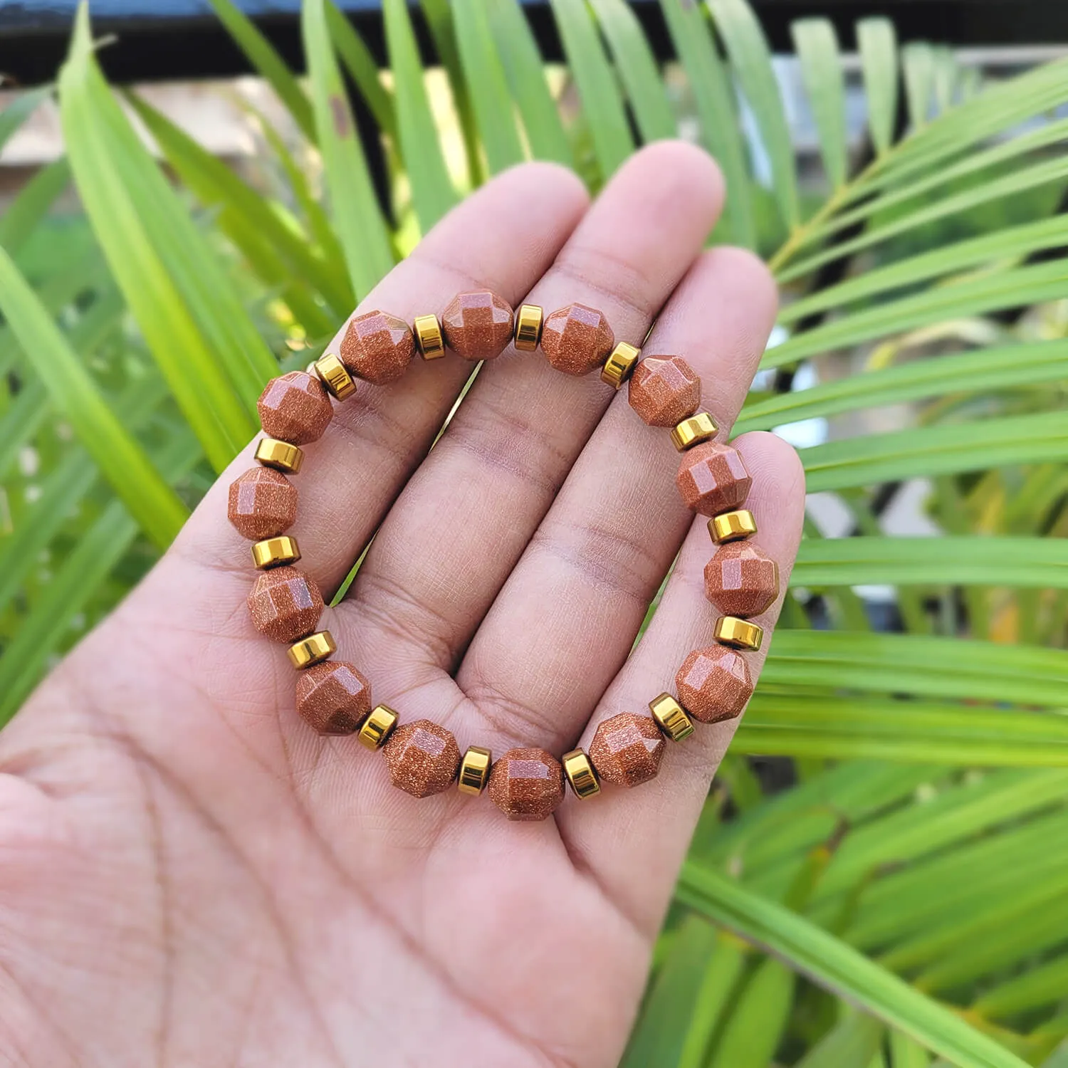 Diamond Cut Golden Sunstone With Golden Hematite Natural Stone Bracelet