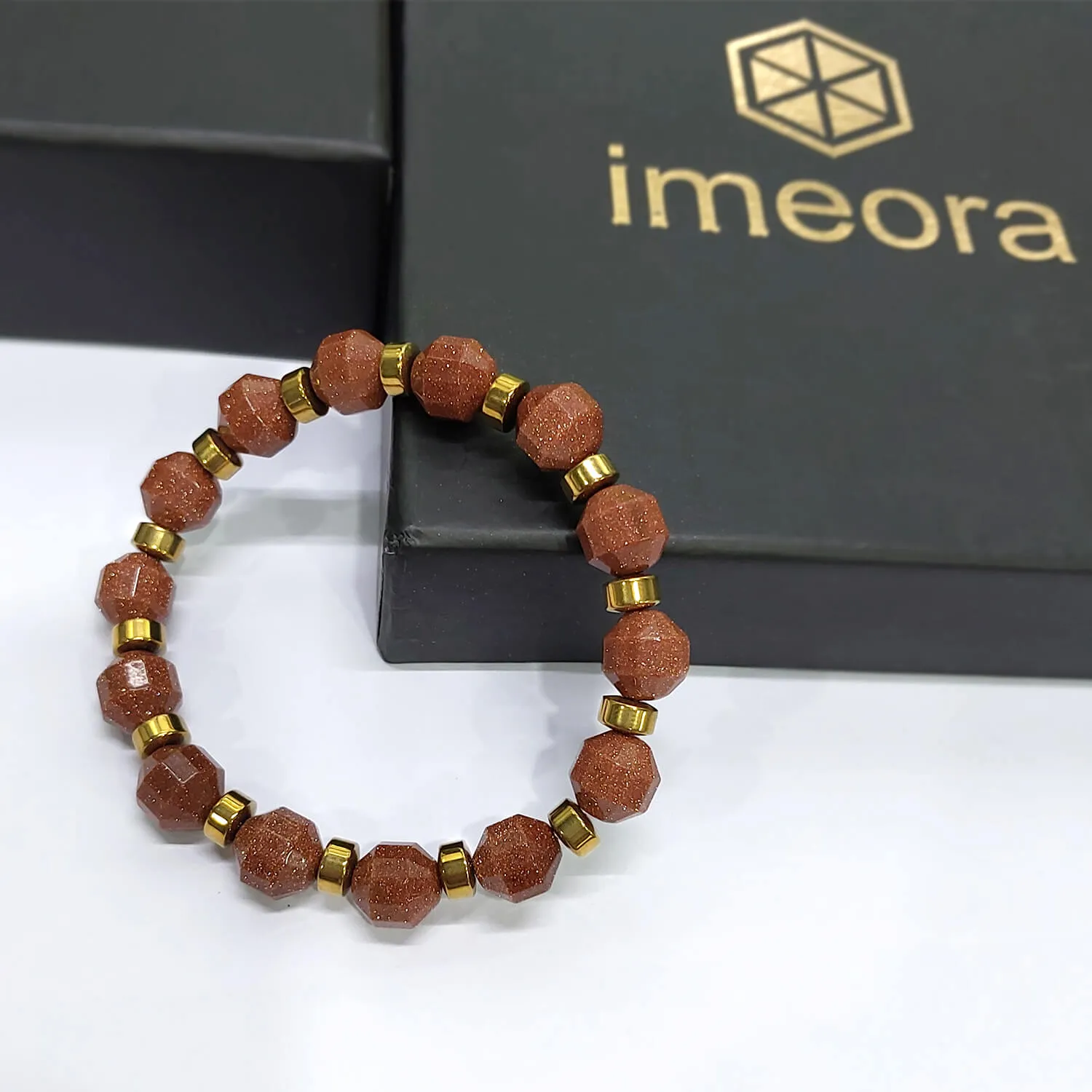 Diamond Cut Golden Sunstone With Golden Hematite Natural Stone Bracelet