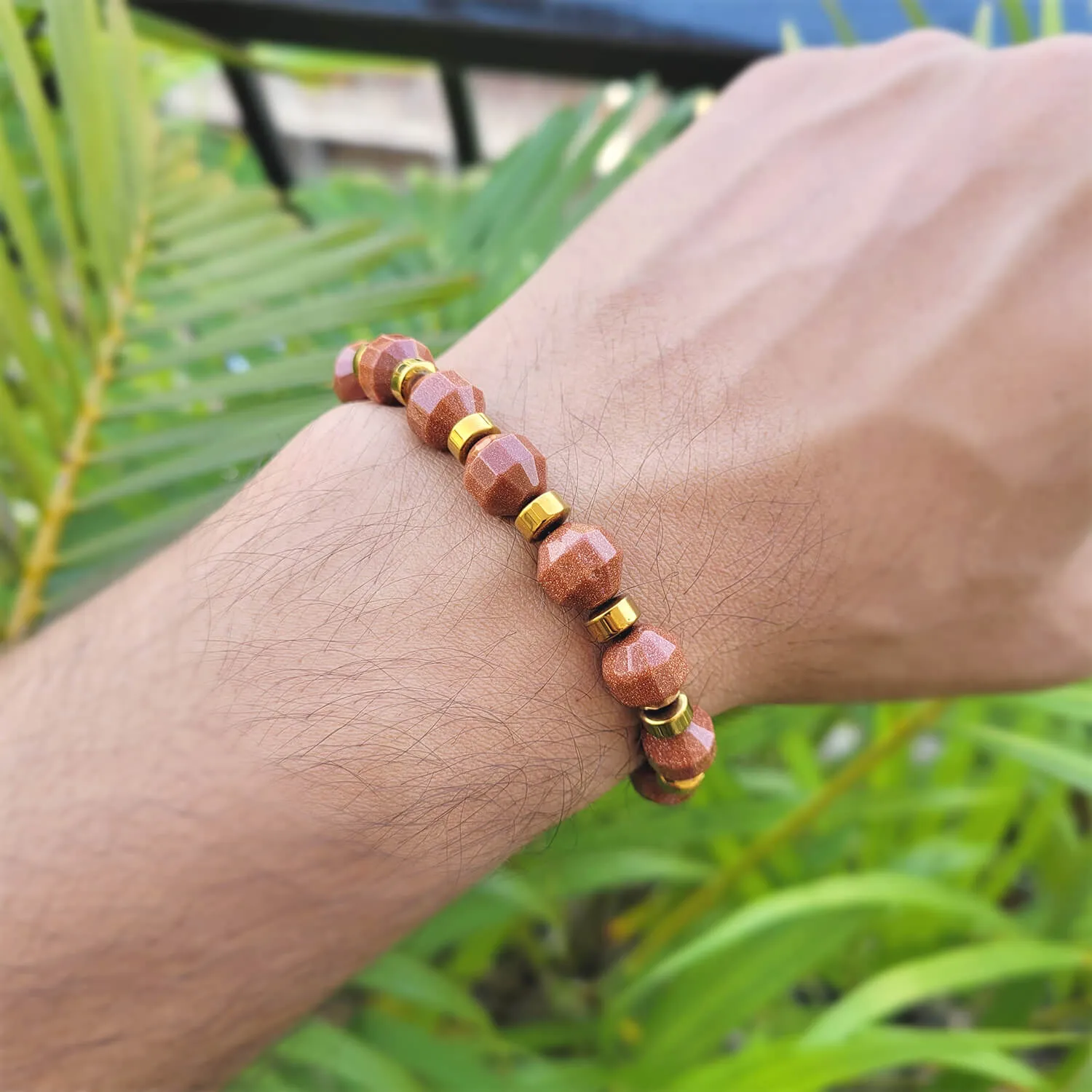 Diamond Cut Golden Sunstone With Golden Hematite Natural Stone Bracelet