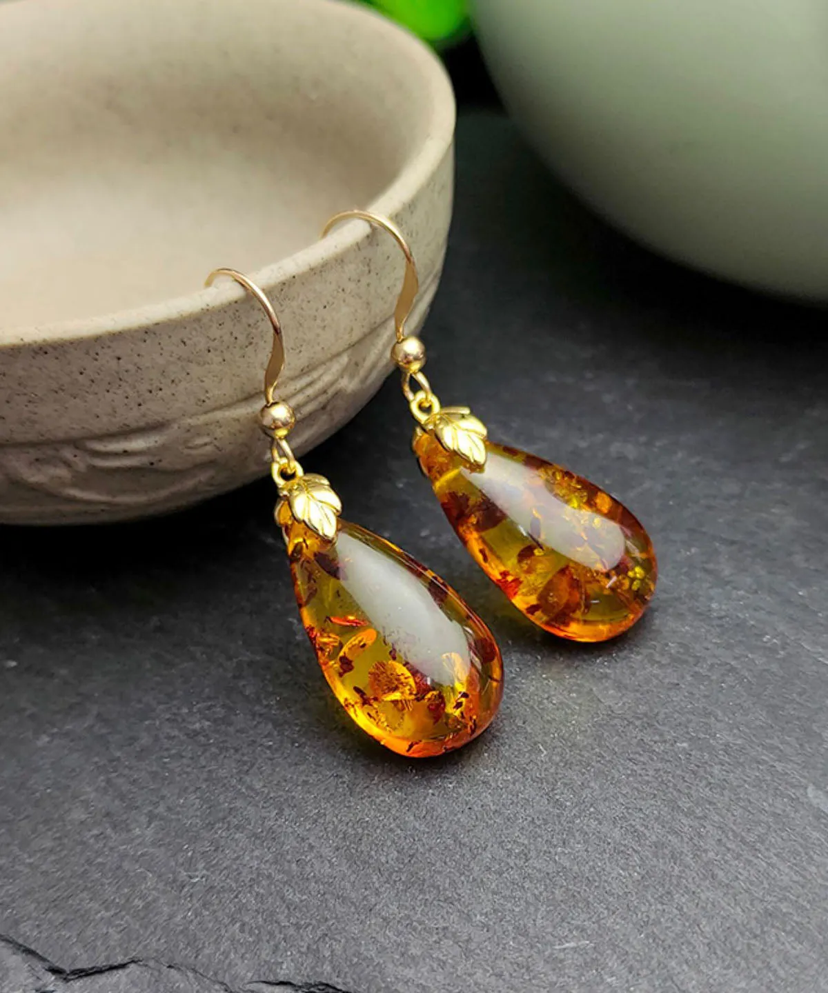DIY Yellow 14K Gold Amber Water Drop Drop Earrings TW1038
