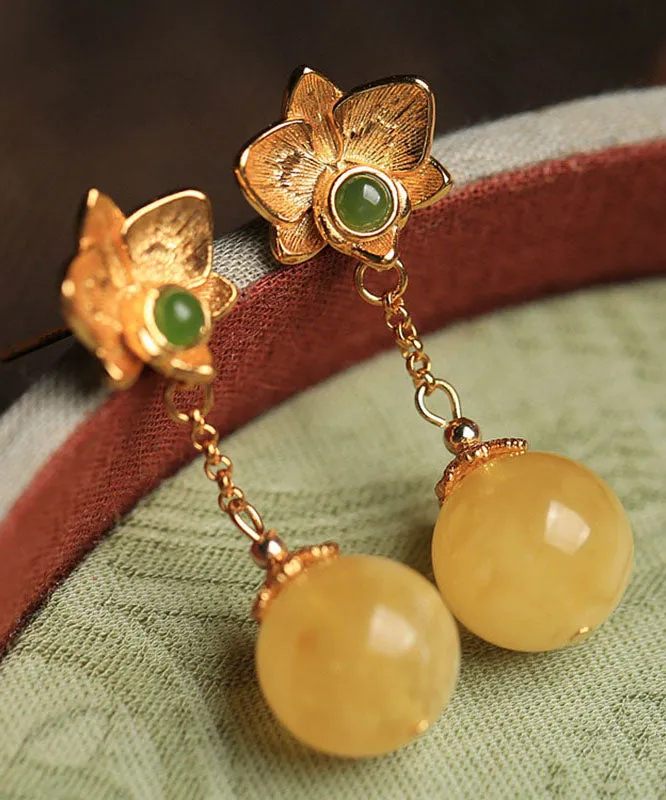 DIY Yellow Sterling Silver Beeswax Amber Jade Floral Drop Earrings LY9167