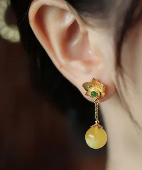 DIY Yellow Sterling Silver Beeswax Amber Jade Floral Drop Earrings LY9167