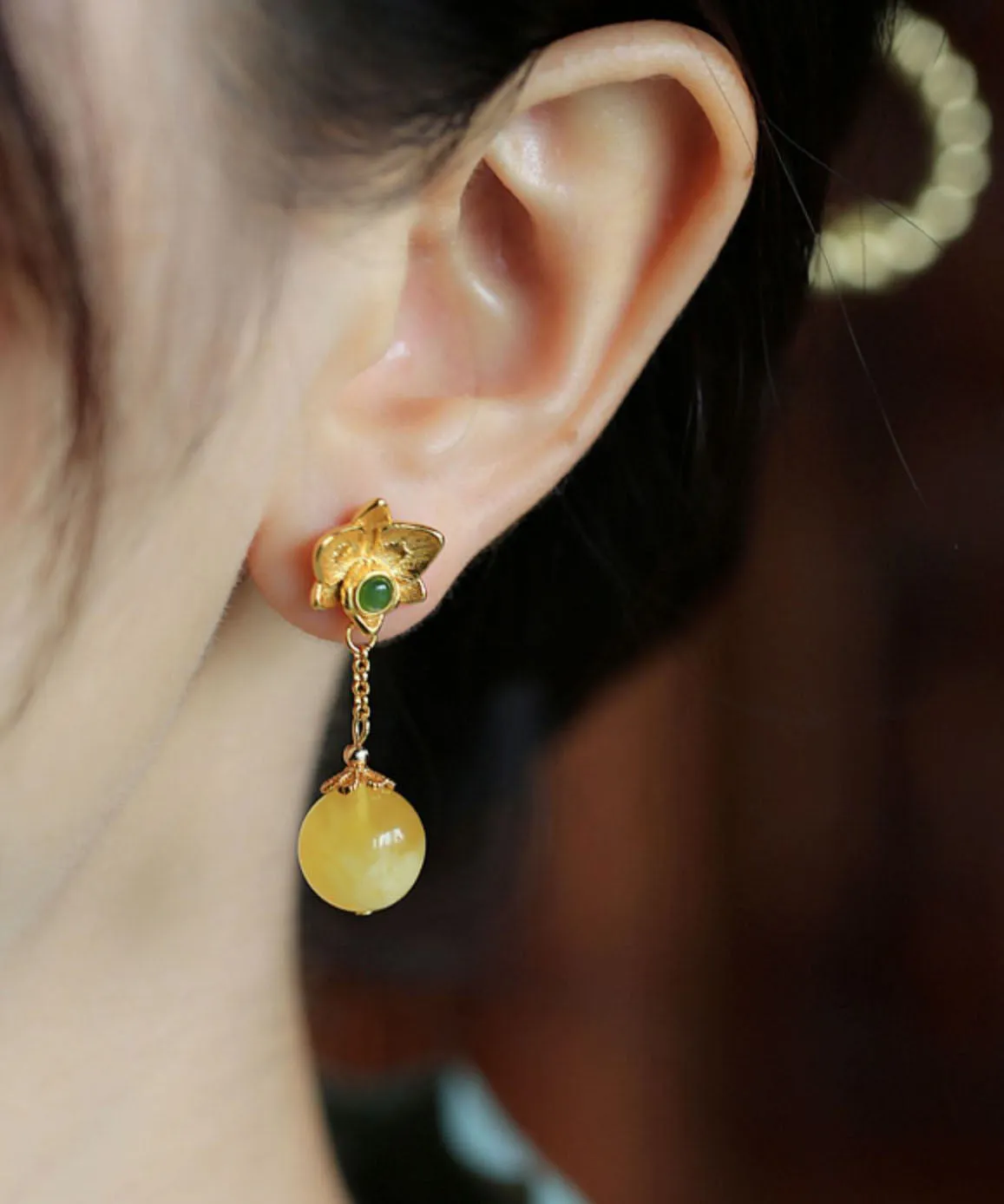 DIY Yellow Sterling Silver Beeswax Amber Jade Floral Drop Earrings LY9167