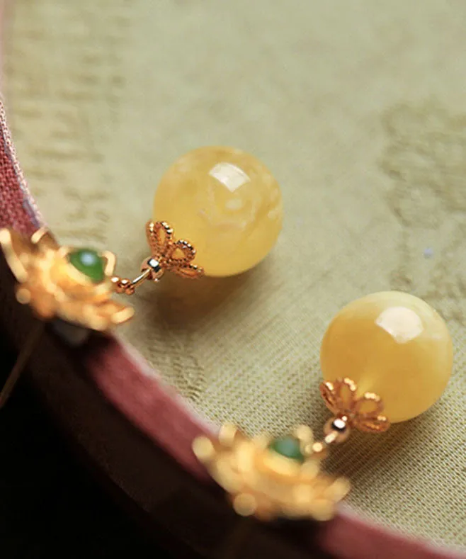 DIY Yellow Sterling Silver Beeswax Amber Jade Floral Drop Earrings LY9167