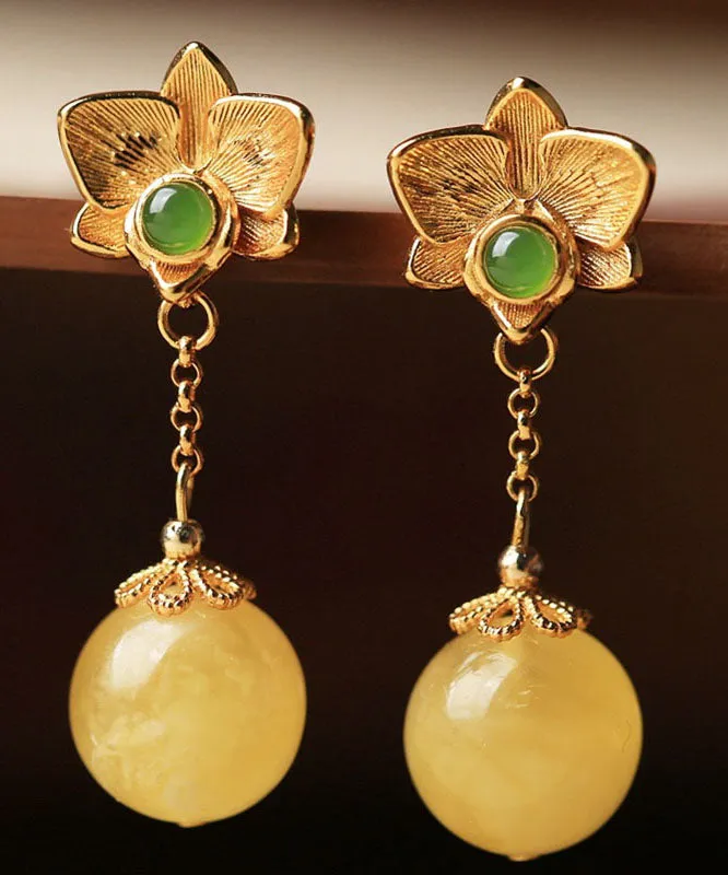 DIY Yellow Sterling Silver Beeswax Amber Jade Floral Drop Earrings LY9167