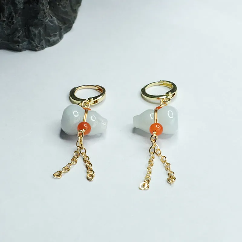 Ear Hoop Earrings with Natural Myanmar A Grade Jade Gourd and Tassel
