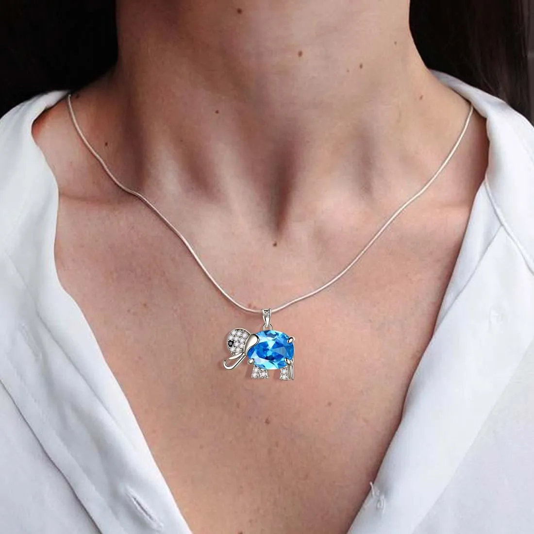 Elephant Birthstone March Aquamarine Necklace Pendant Women Girls Jewelry Birthday Gift