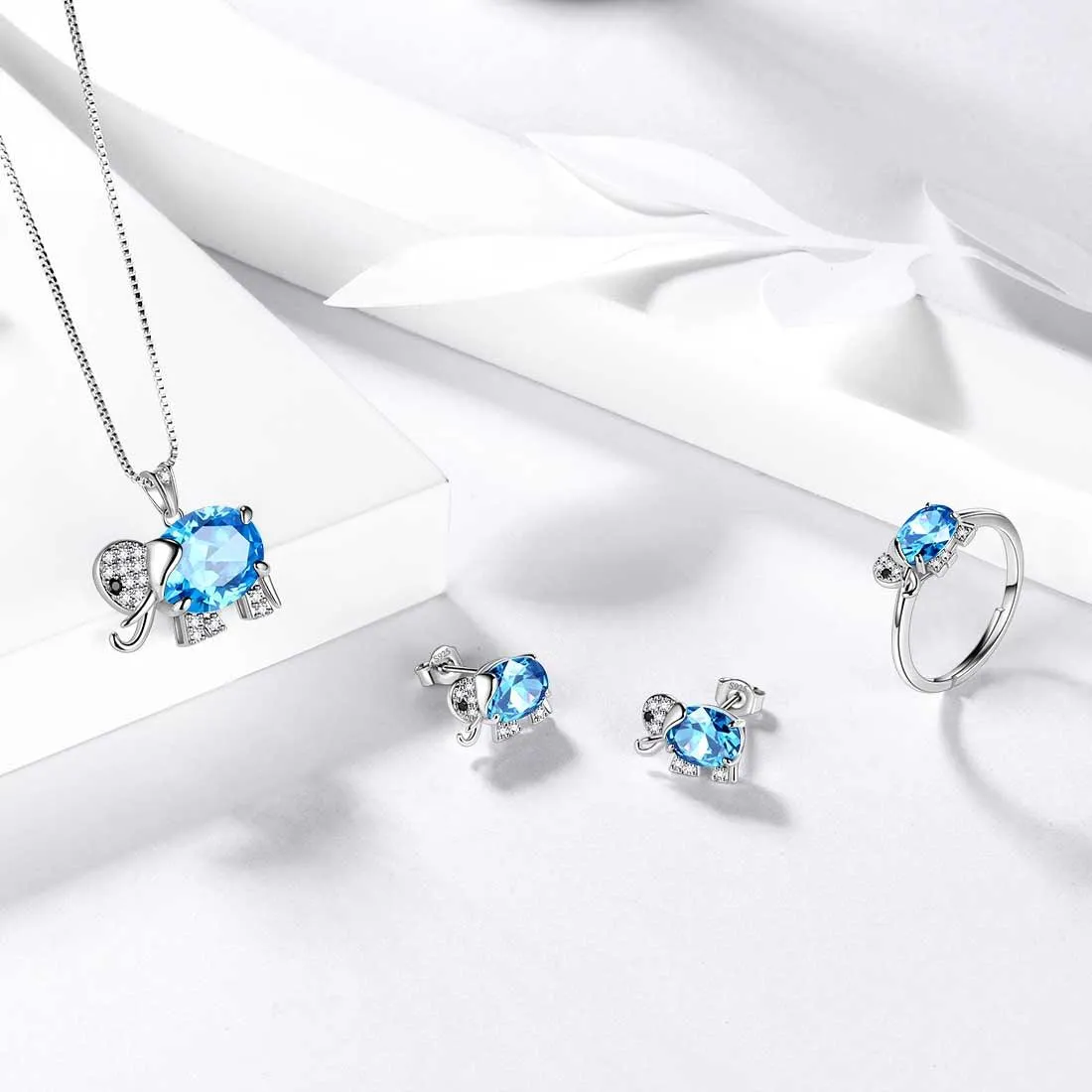 Elephant Birthstone March Aquamarine Necklace Pendant Women Girls Jewelry Birthday Gift