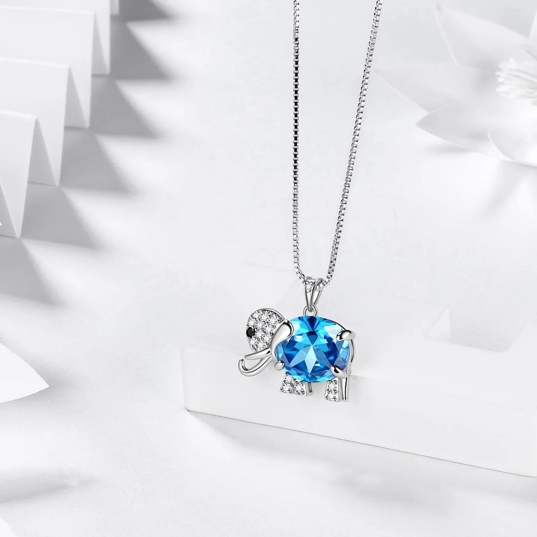 Elephant Birthstone March Aquamarine Necklace Pendant Women Girls Jewelry Birthday Gift