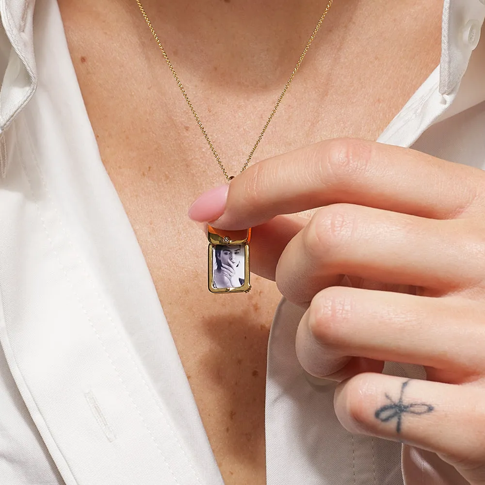 Engravable Rectangle Flip Locket Necklace in Gold