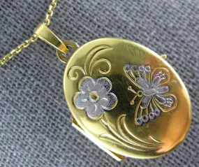 ESTATE 14KT 2 TONE GOLD 3D CLASSIC FLOWER BUTTERFLY OVAL LOCKET PENDANT #27088