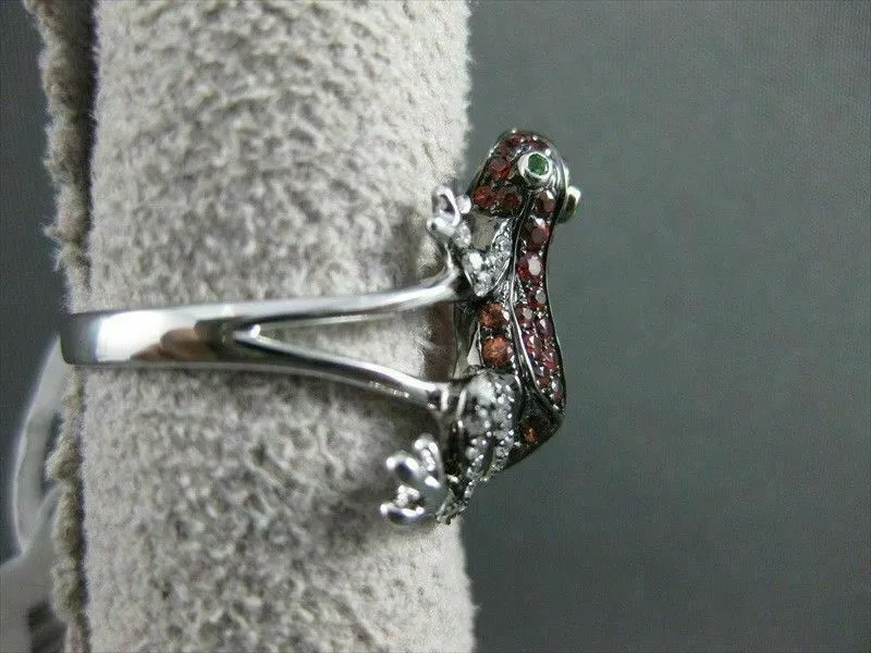 ESTATE WIDE .84CTW EMERALD GARNET & DIAMOND 18KT WHITE GOLD FUN FROG RING