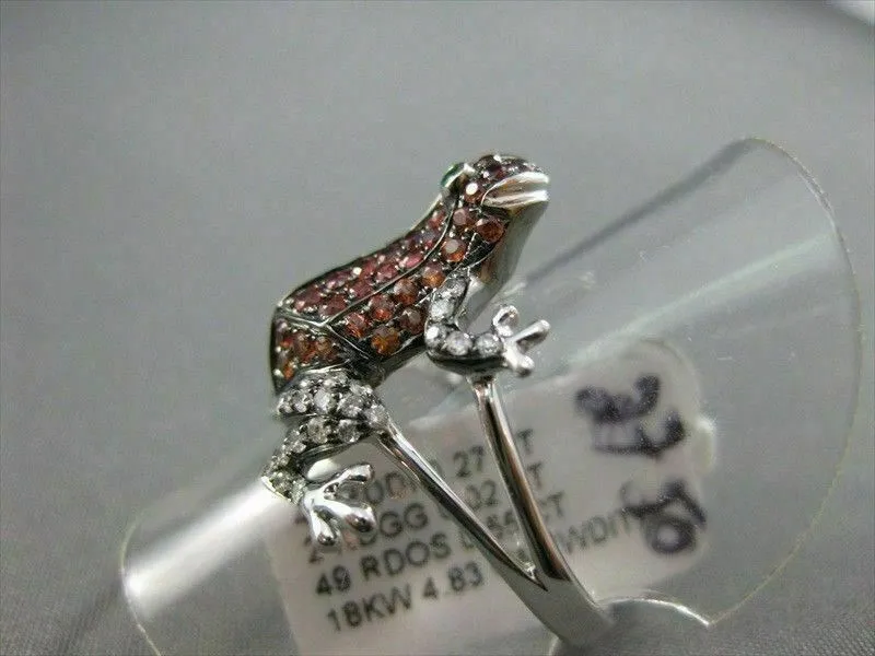 ESTATE WIDE .84CTW EMERALD GARNET & DIAMOND 18KT WHITE GOLD FUN FROG RING